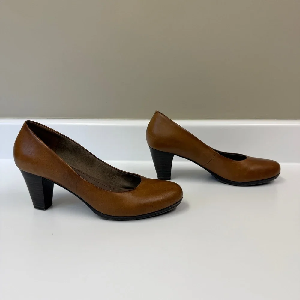 Tamaris Womens Cognac Brown Leather Round Toe Pumps Size 39 Heels Anti-Shock